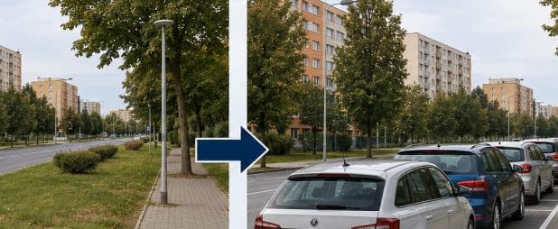 Dvojice snímků téže ulice na sídlišti: vlevo travnatý pás podél silnice, vpravo tentýž pás s vybudovanými parkovacími místy