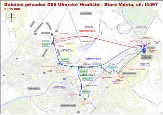 Mapa s nadpisem Dálniční přivaděč D55 Uherské Hradiště – Staré Město, sil. II/497, na které jsou zakreslené tři varianty trasy