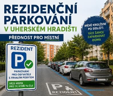 Plakát strany s nápisem Rezidenční parkování v Uherském Hradišti, Přednost pro místní