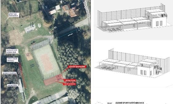 Letecký snímek sportovního areálu se zakreslenými zásahy a vedle něj dvě vizualizace zázemí z mobilních buněk, popsané Zázemí sportoviště Míkovice